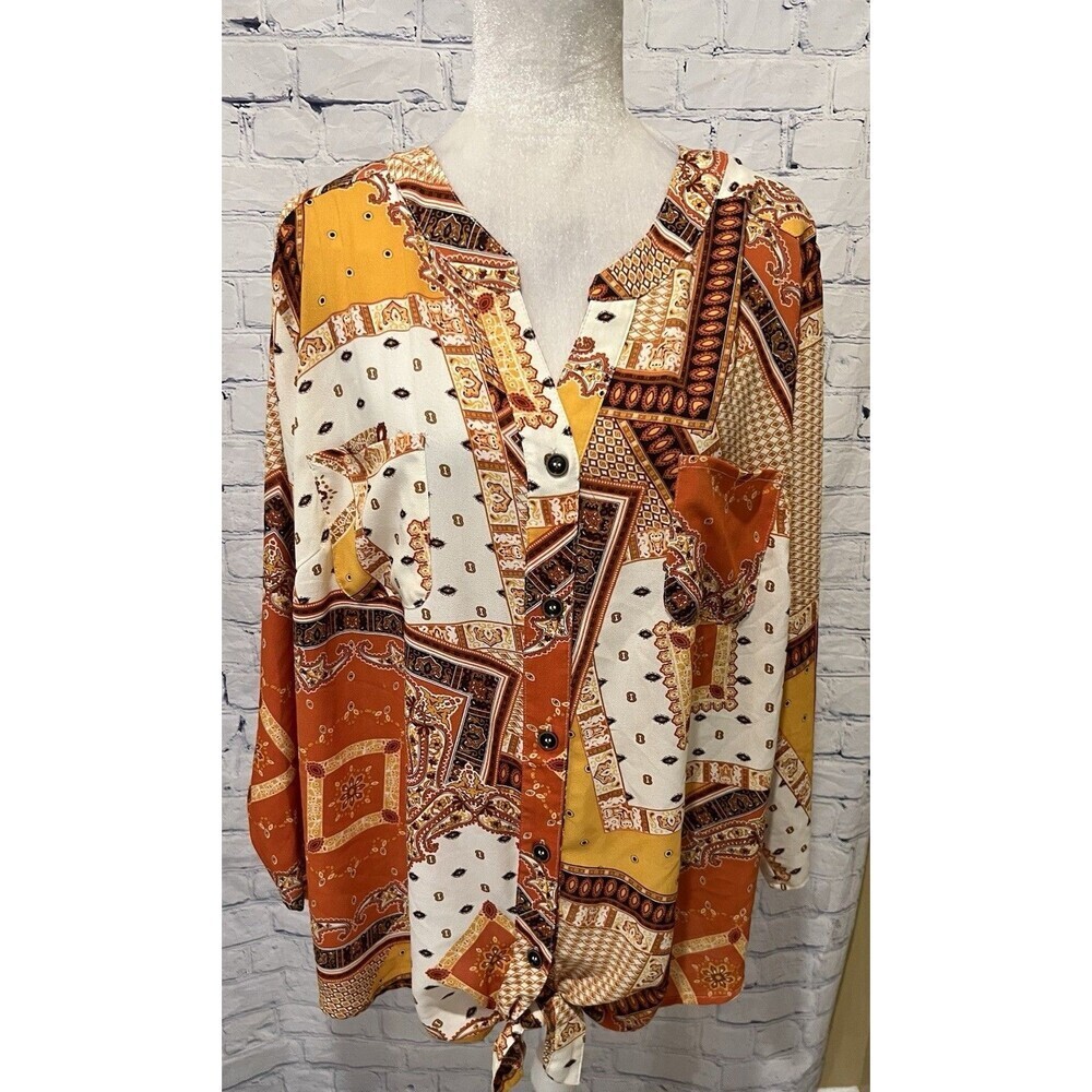 Ruby Rd. Women's Blouse lightweight Geometric Design Roll Tab Sleeve Size 3X